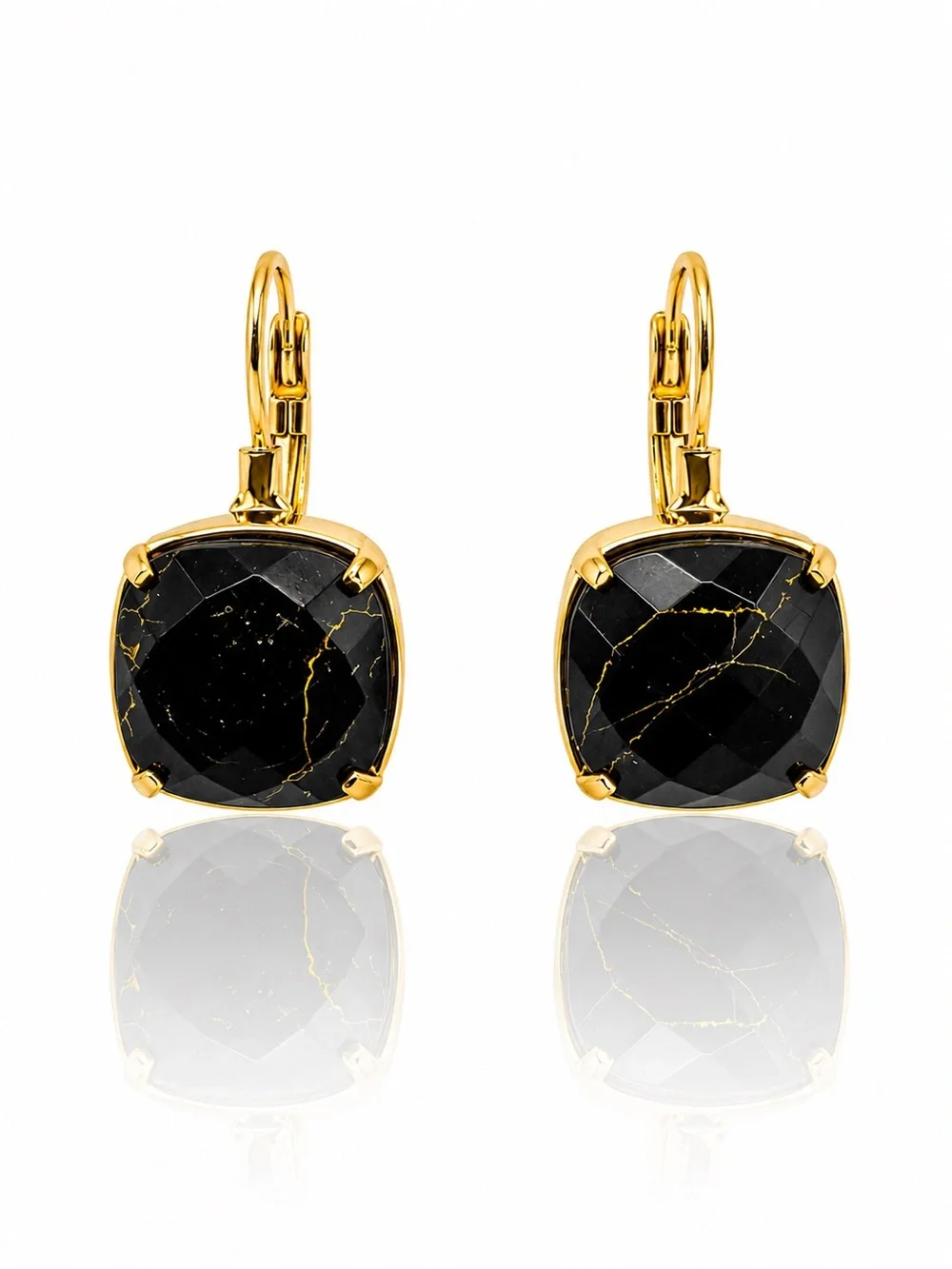 Gold Leverback Black Drop Earrings - Picture 1 of 2